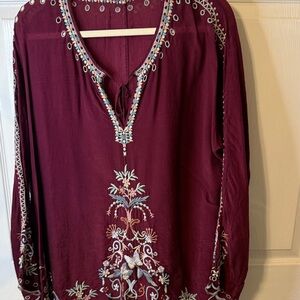 Johnny Was Wine Embroidered V-Neck Tunic